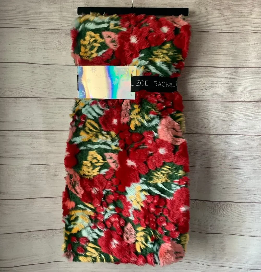 Rachel Zoe Multicolored Floral Luxe Faux Fur and Velour Throw Blanket 50